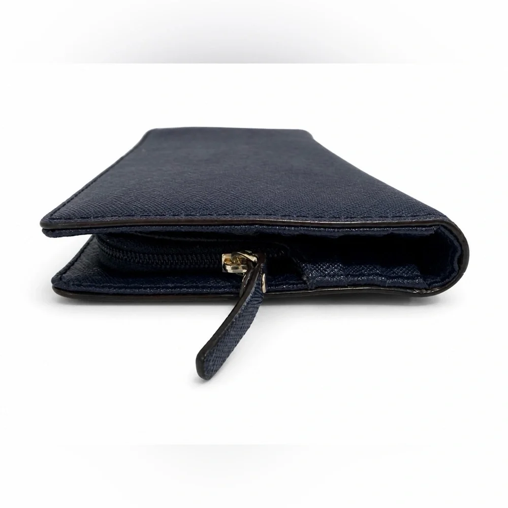 Kate Spade New York Navy Saffiano Leather Slim Wallet Clutch Gold Logo Zip